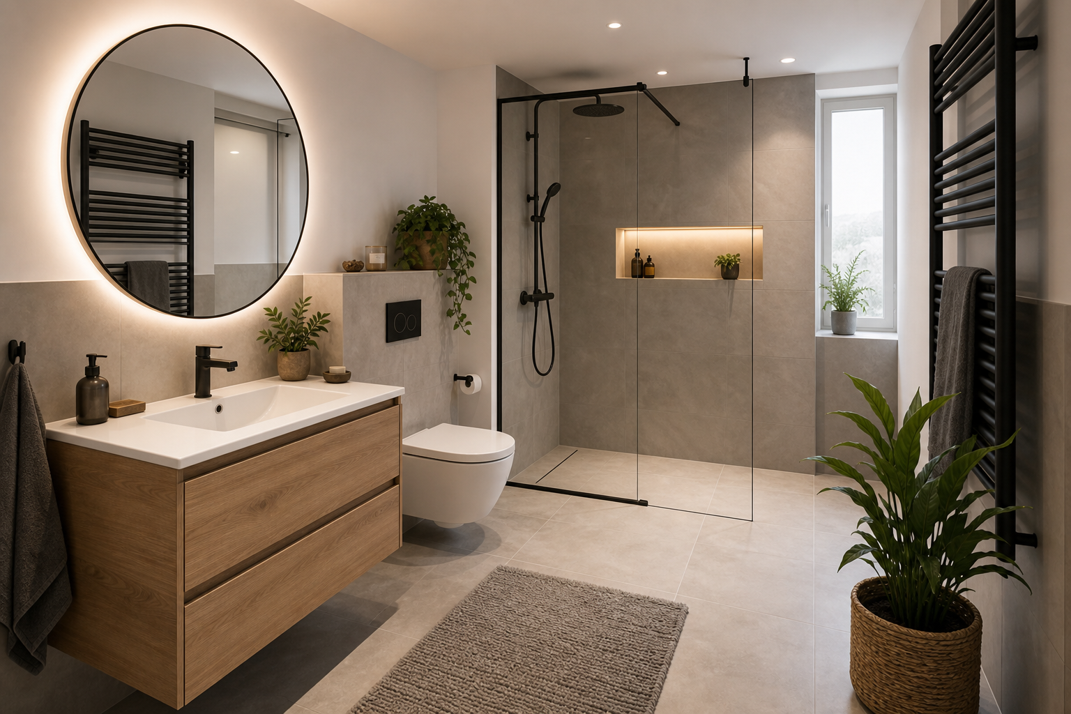 Modernes renoviertes Badezimmer mit ebenerdiger Dusche