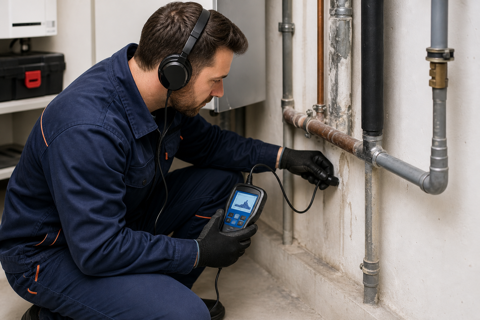 Techniker bei einer Leckortung an freiliegenden Wasserleitungen
