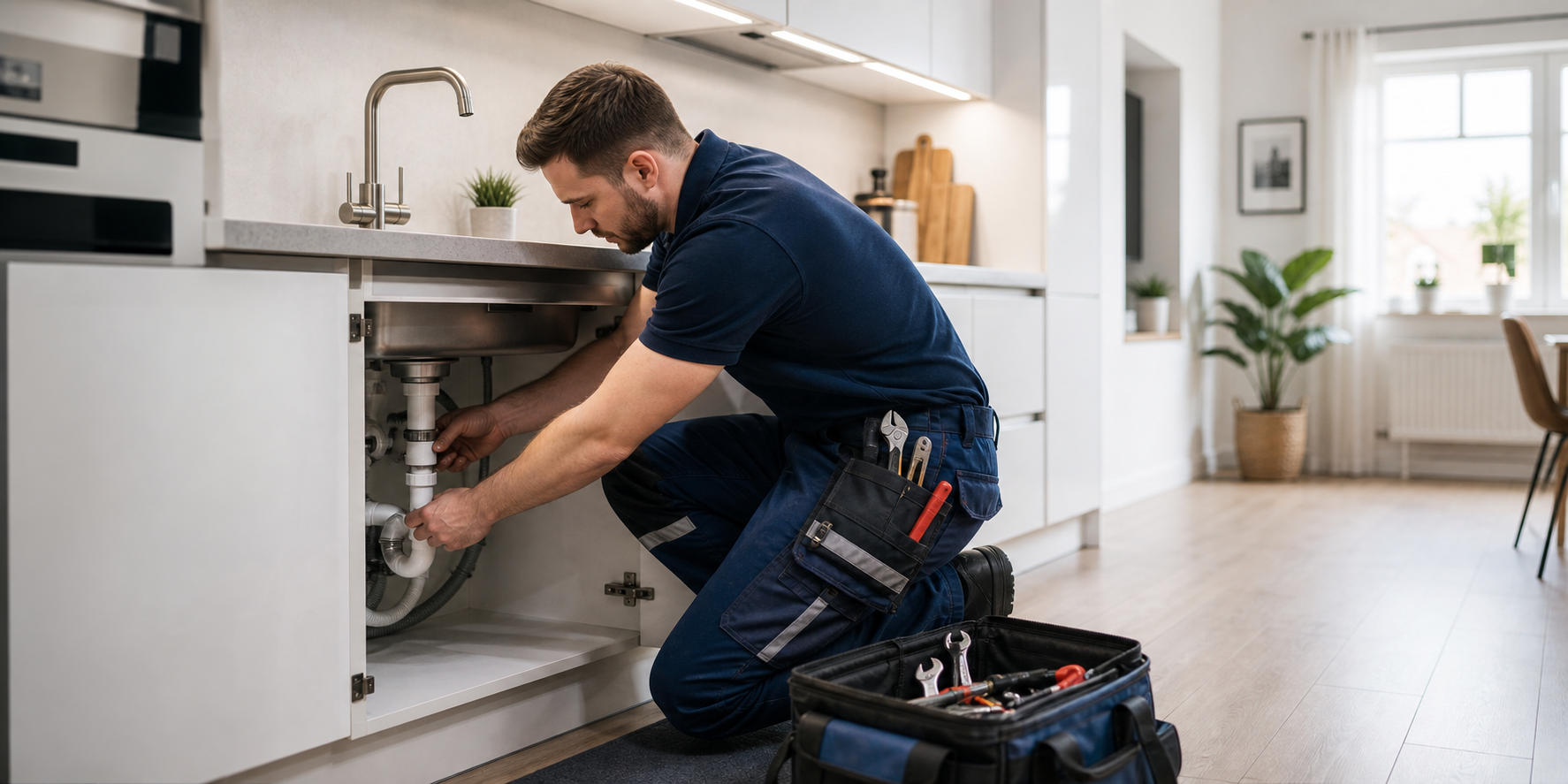 Installateur arbeitet an einem Küchensiphon in einer modernen Berliner Wohnung