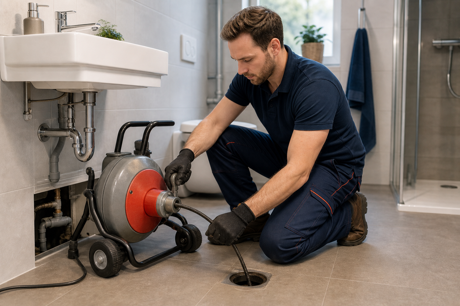 Installateur mit Rohrreinigungsgerät in einem Badezimmer