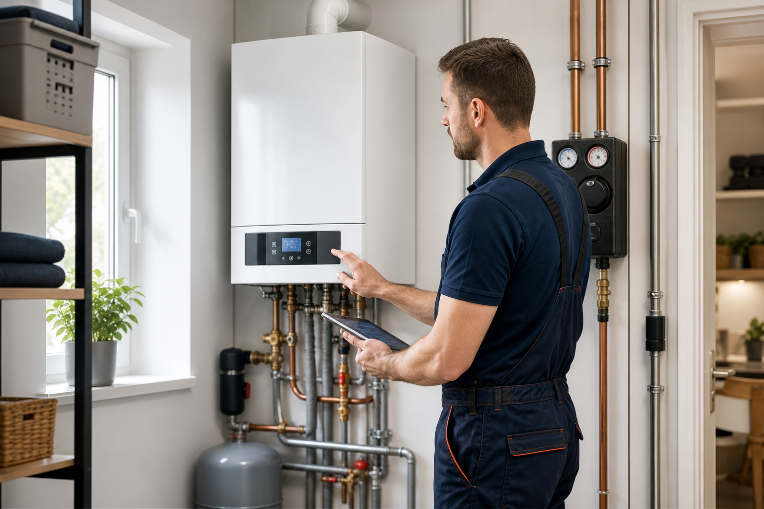 Techniker prüft einen modernen Warmwasserboiler an der Wand